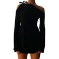 thumbnail image 5 of Women's Shoulder Tie Long Sleeve Asymmetrical Dress Boat Neck Mini Cocktail Dresses, 5 of 14