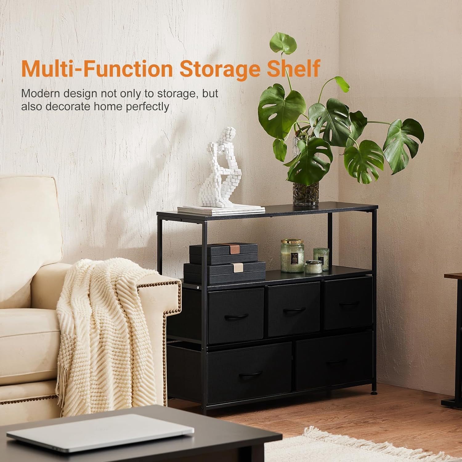 Modern TV Stand, Fabric TV Stand Entertainment Center for Up to 45" TV for Living Room, Bedroom, Black