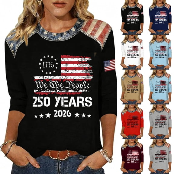 Youpwaven Women's 250th Anniversary USA T-Shirt, Patriotic We The People 1776-2026 Graphic Top, Casual 3/4 Sleeve Crew Neck Festive Apparel