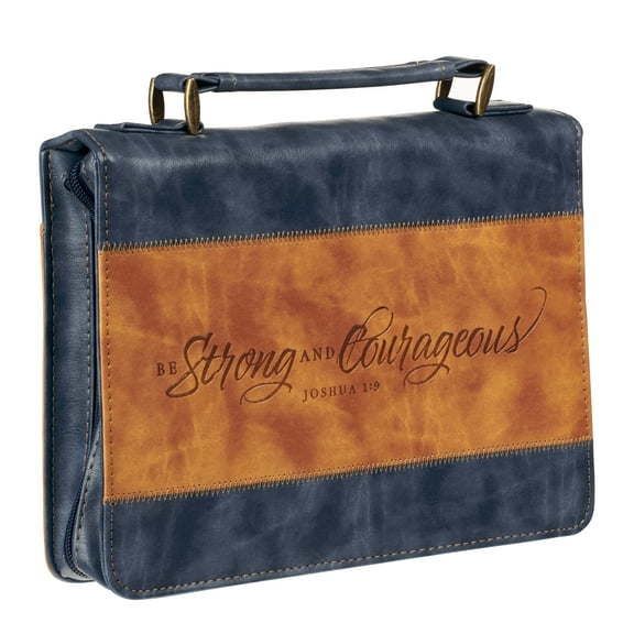 Christian Art Gifts Classic Vegan Leather Bible Cover Carry Case for Men & Women: Strong & Courageous Debossed Inspirational Scripture, Pen Loops, Ribbon Bookmarks, Pockets, Navy Blue & Brown, Large