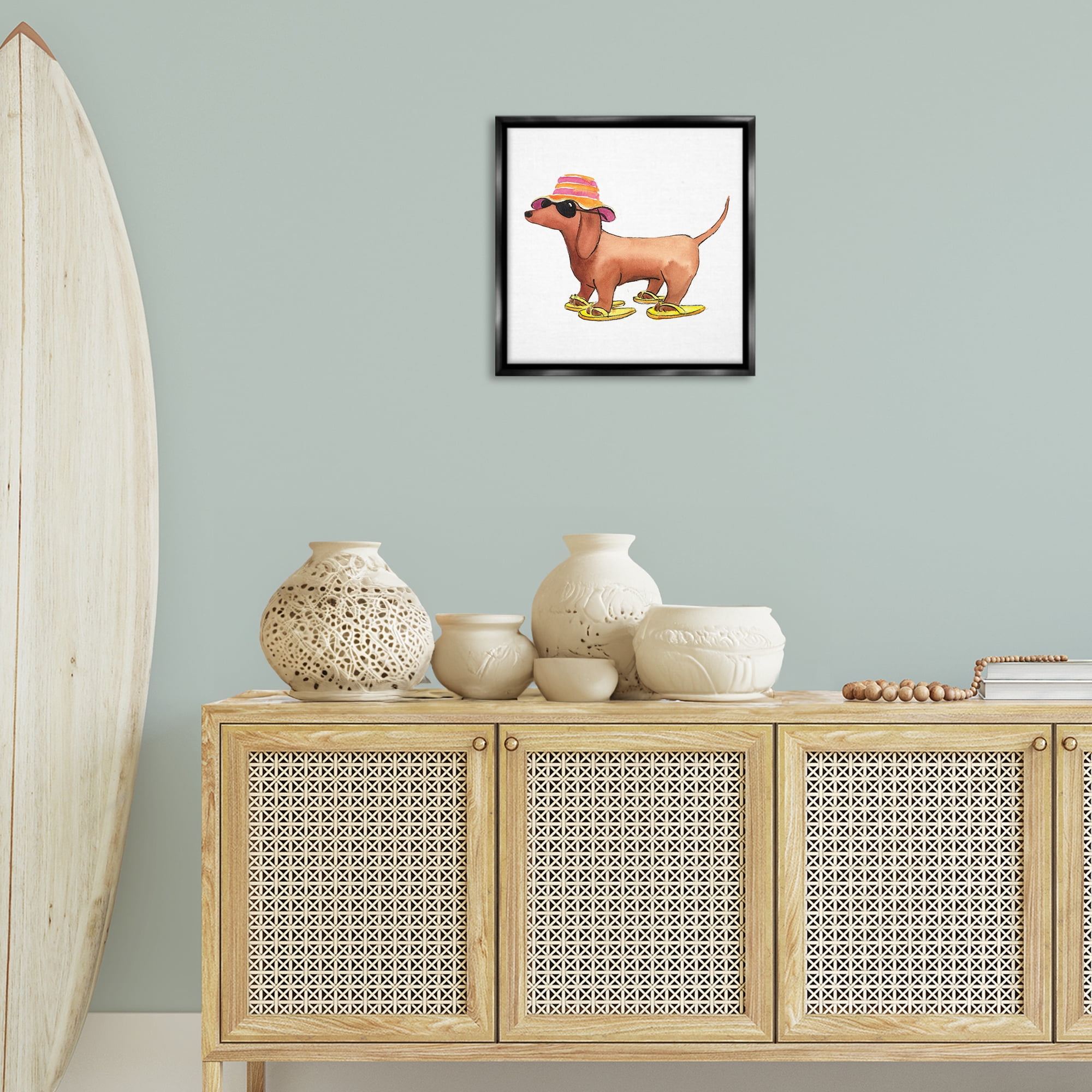 Stupell Industries Beach Dog Flip Flops Animals Painting Black Floater Framed Canvas Art Print Wall Art, 18 x 18