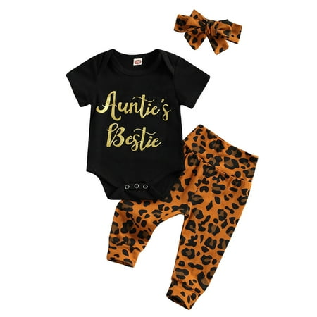 

Xingqing Newborn Infant Baby Girl Auntie s Bestie Romper Bodysuit & Leopard Pants Headband 3Pcs Outfits Set Black 6-9 Months