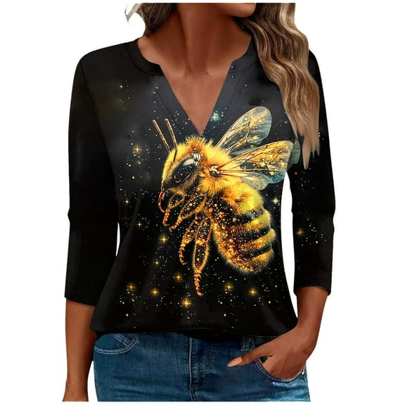 CYMMPU 3/4 Sleeve Blouses for Women Dressy Casual Summer Trendy Shirts Spring Tops Bee Pattern Tunic Tops Loose Fit V Neck Business Elegant Work Tops T-Shirts XXL