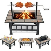 SinglyFire Fire Pit Tile Top 37 inch Wood Burning Fire Pit Table for Outdoor Fireplace Table With BBQ Grill Cooking Grate Lid for Outside Fireplace Metal Square Firepit for Patio Backyard Garden
