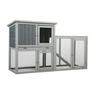 Large 2 Layers Wooden Outdoor Bunny Rabbit Hutch With Ventilation Door Removable Tray & Ramp - Gray white