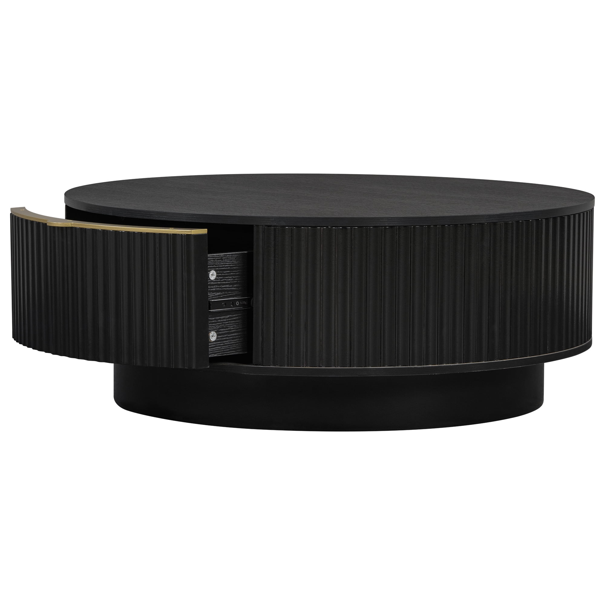 Leumius Round Coffee Table with Storage Drawer, Modern Fluted Coffee Table with Golden Handle, Wood Center Table for Living Room Black