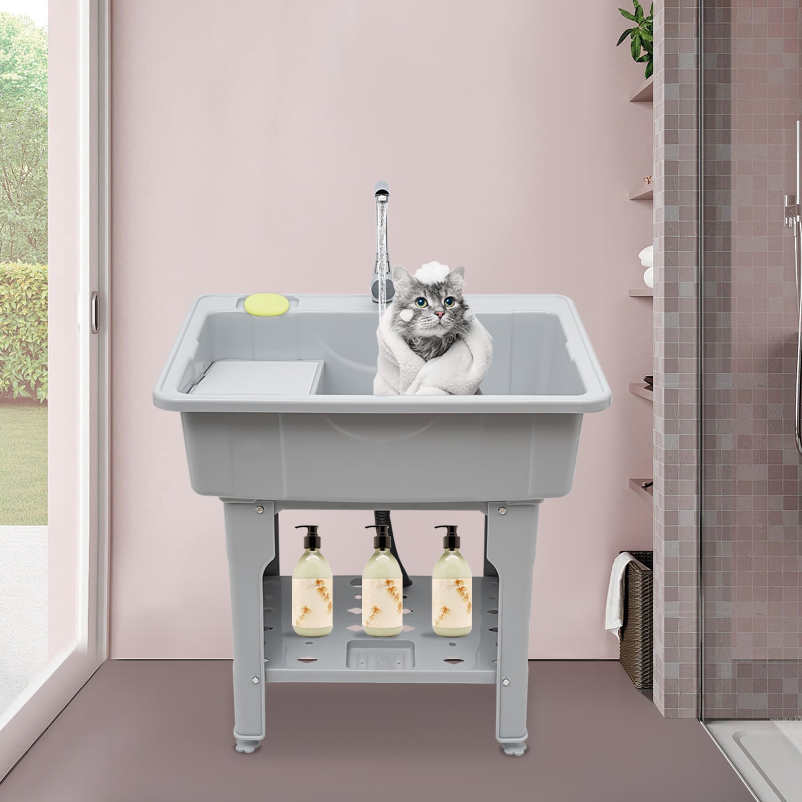Heavy-Duty Utility Sink Laundry Tub – Weather-resistant PP Basin with Removable Washboard and Storage Shelf