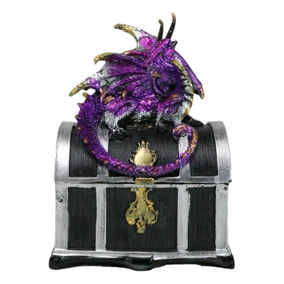 Purple Midnight Dragon Guarding Lion Treasure Chest Small Trinket Box Figurine