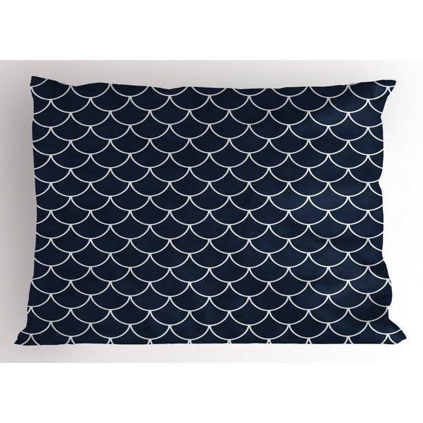 Navy Pillow Sham Shell Pattern with Half Circled Lines Like Ocean Waves