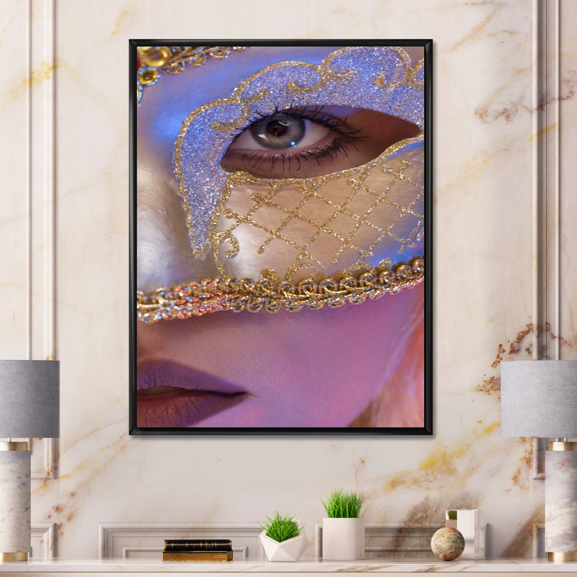 Designart 'Venetian Mask On Female Face' Modern Framed Canvas Wall Art Print