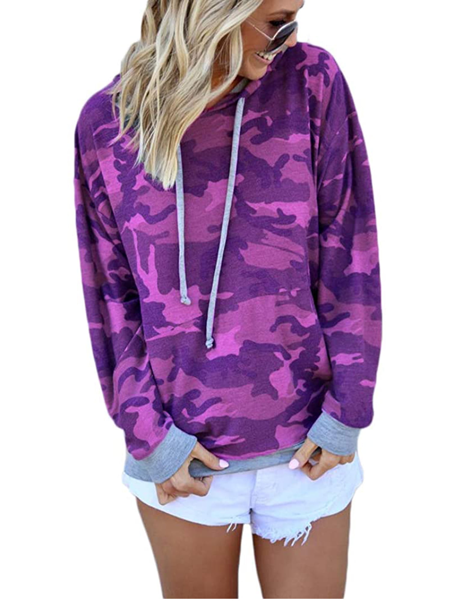 yiyioi Women Casual Hooded Neck Long Sleeve Camouflage Print Pullover Hoodies Hoodies 