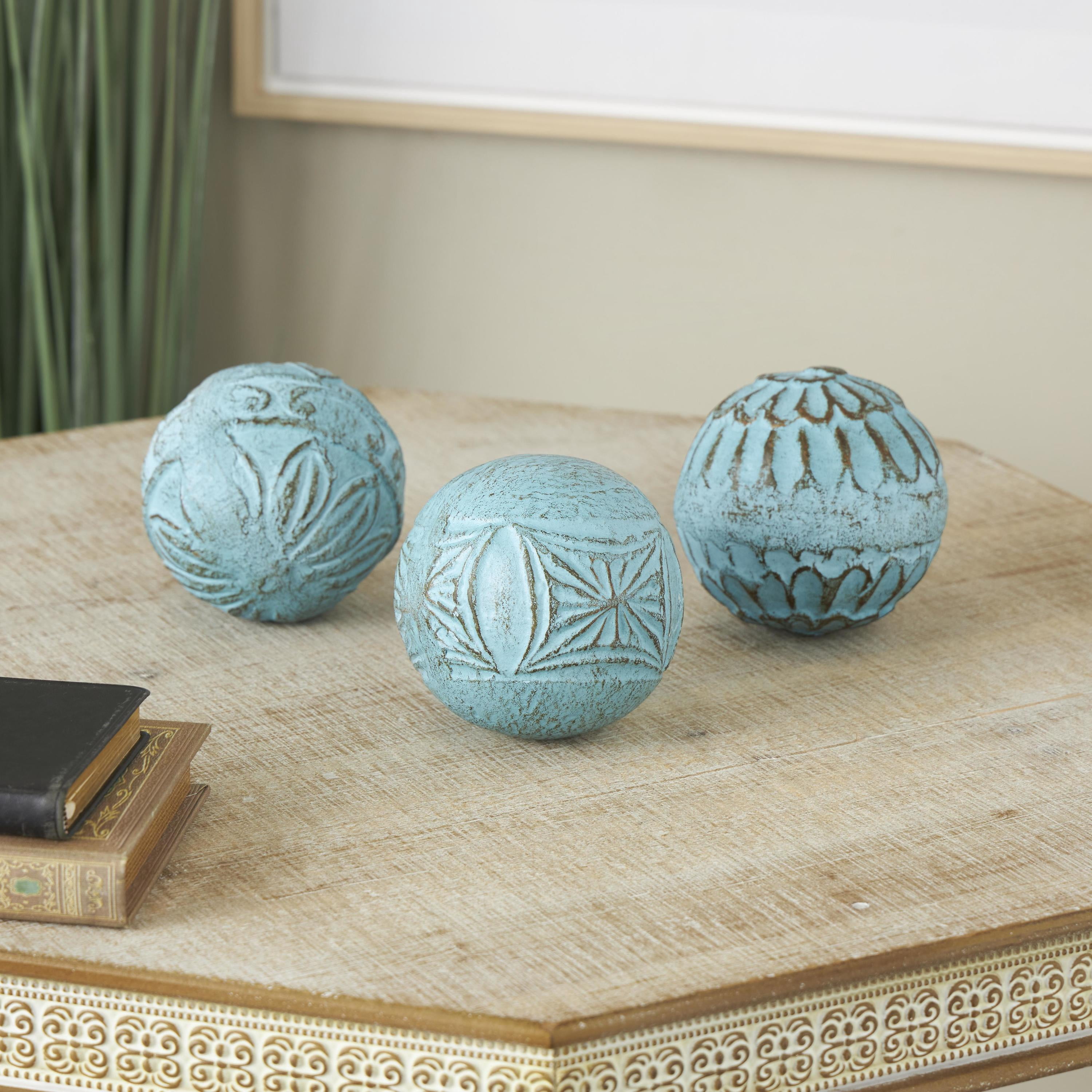 DecMode Blue 4" Handmade Intricately Carved Paper Mache Orbs & Vase Filler with Various Floral Patterns (3 Count)