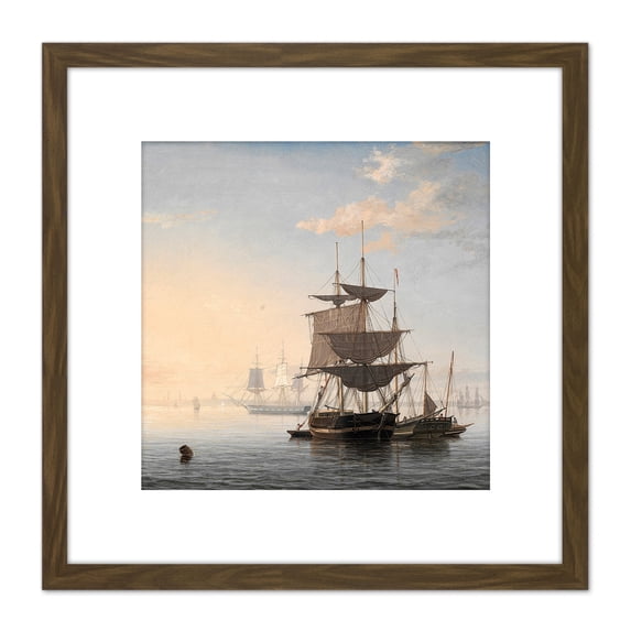 Lane Harbour Of Boston City In Distance 8X8 Inch Square Wooden Framed Wall Art Print Picture with Mount