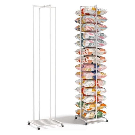 Qunbio Rolling Pillow Storage Rack, Freestanding Adjustable Pillow Display Rack with Wheels for Home, Living Room, Bedroom, 78.7"x16.6"x16.6"