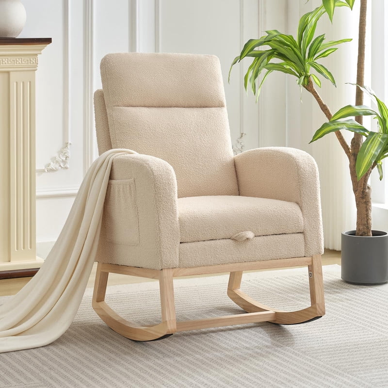 Towallmark Nursery Rocking Chair, Nursing Glider Chair with Footrest, High Backrest Rocker for Mom, Upholstered Lounge Chair with Solid Wood Base, Living Room Bedroom Nursery