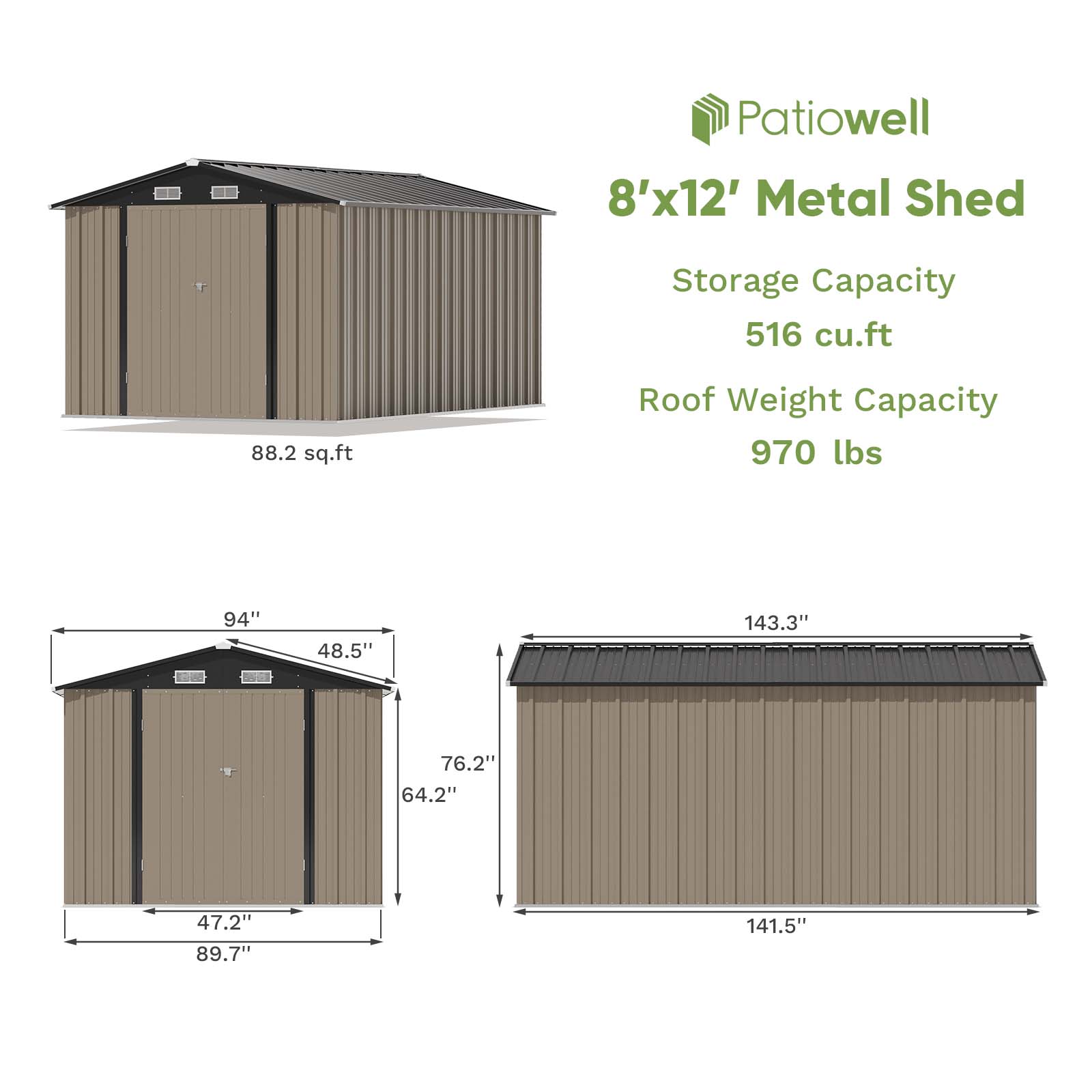 Patiowell 8' x 12' Metal Storage Shed for Outdoor, Steel Yard Shed with ...