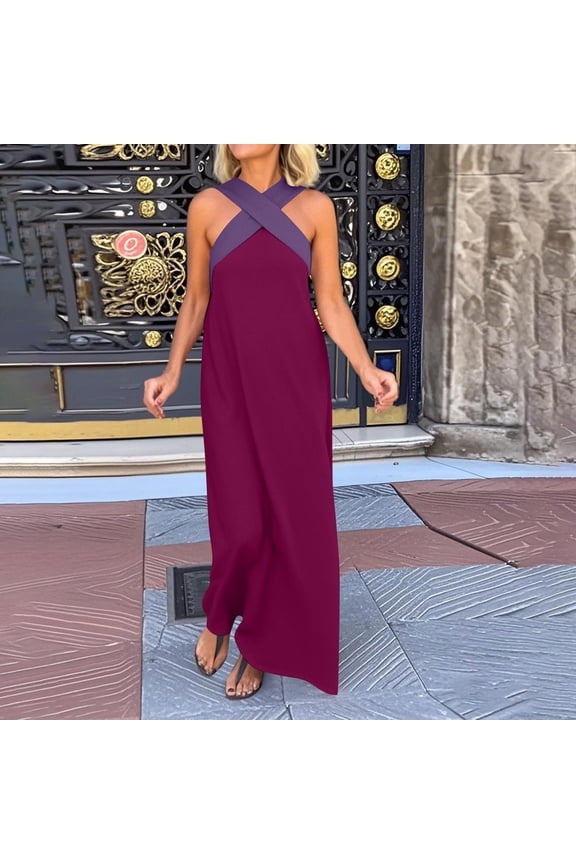 Summer Casual Maxi Dresses for Womens Tank Loose Fit Elegant Sundress Flowy Halter Neck Sleeveless Dresses