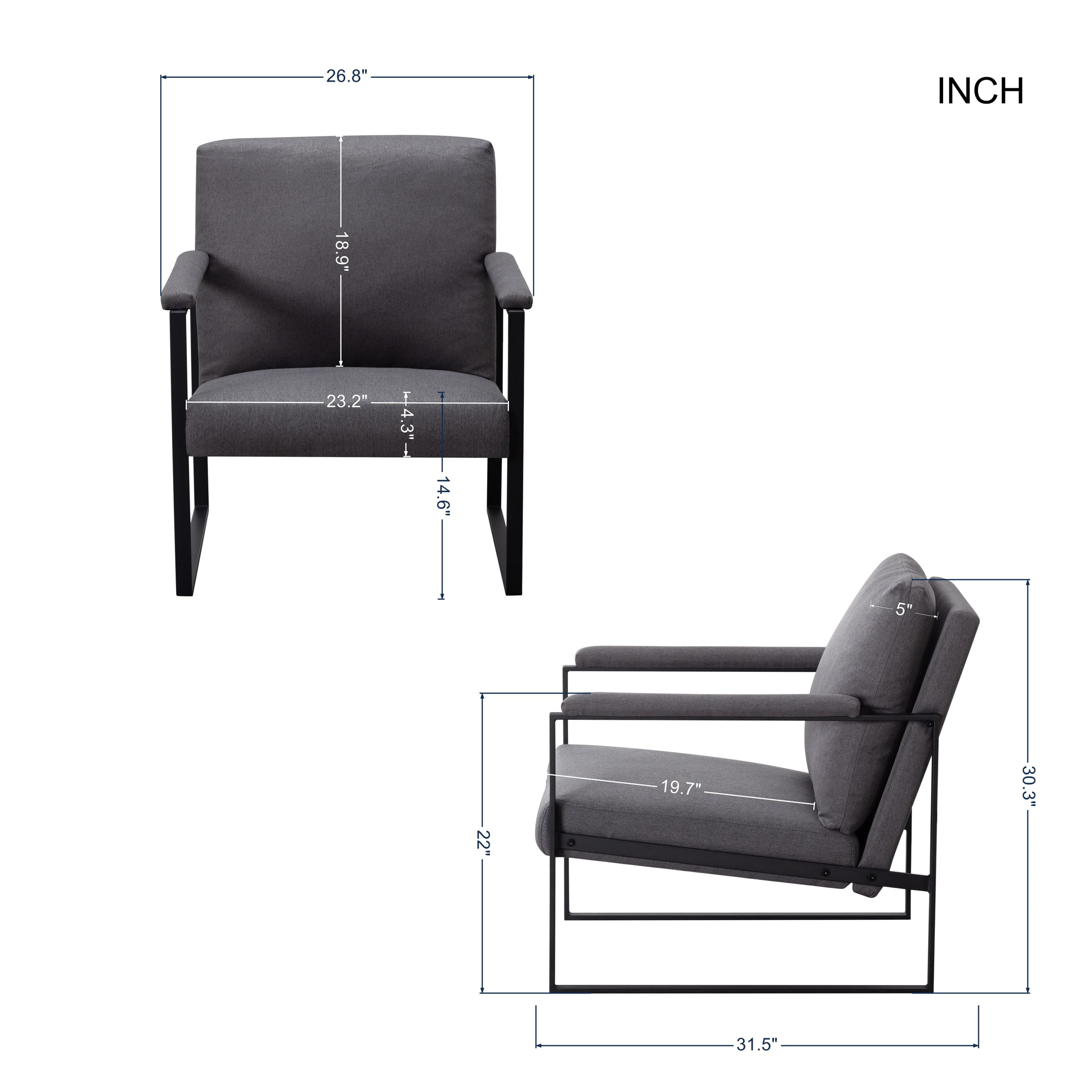 BSHTI Linen Blend Upholstery Accent Armchair,Metal Frame,Square Arms with Padding,Removable Back Cushion,Easy to Assemble,Dark Gray