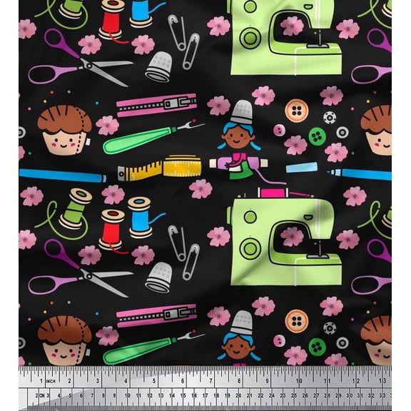 Soimoi Silk Fabric Scissor,Buttons & Machine Sewing Decor Fabric Printed Yard 42 Inch Wide
