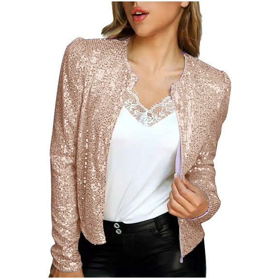 HTNBO Women Casual Open Front Sequin Jackets Cardigan Glitter Long Sleeve Short Coats Crop Blazer