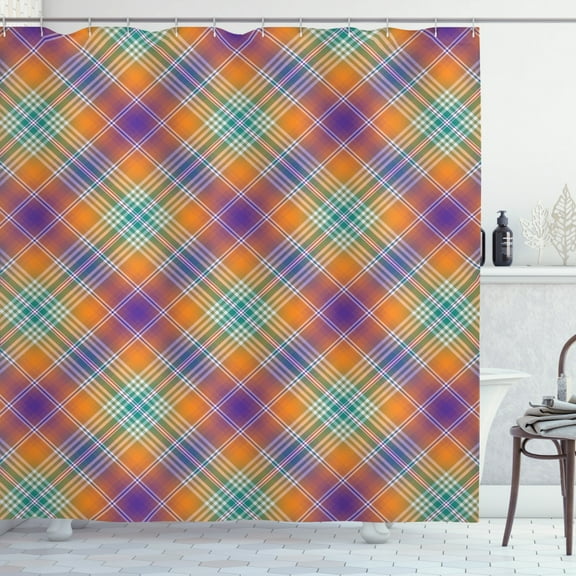 Abstract Shower Curtain, Classic Scottish Folk Style Geometric Tartan Plaids in Pastel Tones, Fabric Bathroom Set with Hooks, 69W X 70L Inches, Purple Dark Orange Teal, by Ambesonne