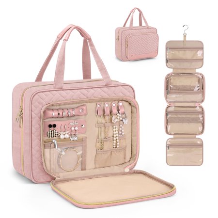 Toiletry Bag with Hanging Hook Jewelry Organizer Makeup Cosmetic storage for Travel Weekender Bussiness Trip Mother's Day gift for women wife (Black)