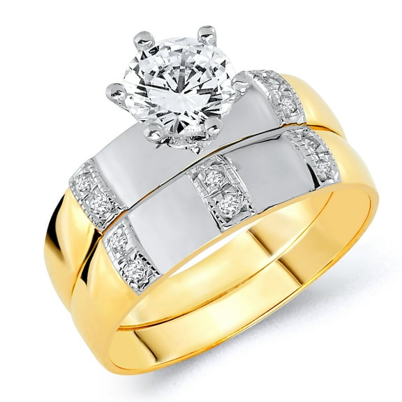 Wellingsale Ladies Solid 14k Two 2 Tone White and Yellow Gold Polished CZ Cubic Zirconia Round Cut Engagement Ring and Wedding Band Bridal Set - Size 4