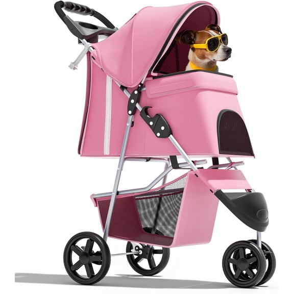 HOWEN 3-Wheel Pet Stroller, Foldable Travel Jogger for Small & Medium Dogs & Cats (Up to 33lbs), Lightweight Carrier with Breathable Mesh Cover, Cup Holder & Storage Basket, Pink