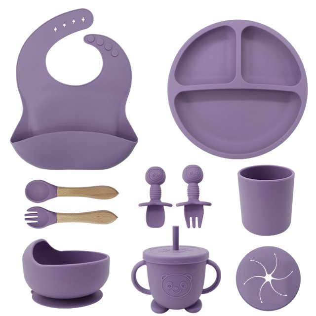 Juego de vajilla para niños, plato de silicona con tenedor, cuchara, cuchara para bebé, cuenco de suplemento, suministros para alimentación de bebés, juego de diez piezas