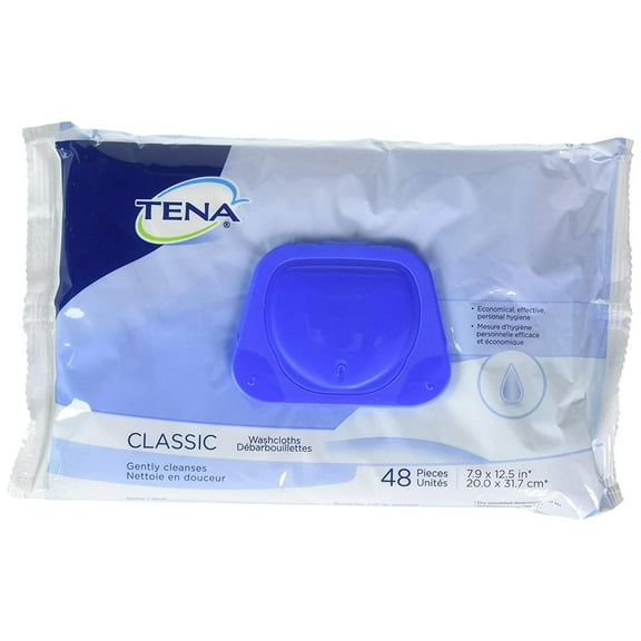 Classic Washcloths, Premoistened Wipes, Pack/48, Large 7.9 x 12.5 in. premoistened wipes. Flip-top lid with large opening for easy dispensing. By TENA,USA
