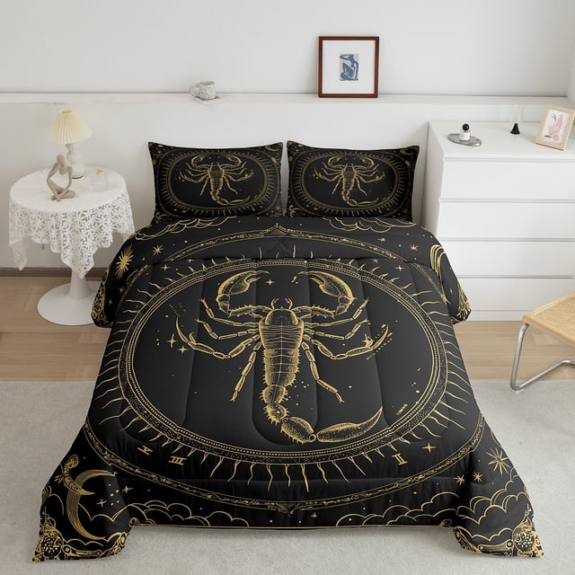 Scorpio Zodiac Bedding Constellation Theme Comforter Set Full Size,Western Boho Exotic Style Bedding Comforter Sets 12 Horoscope Astrology Duvet Insert Bohemian Sun and Moon Starry Sky Galaxy Quilt