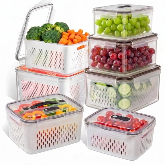 5-Pack Large Refrigerator Fruit Storage Containers with Handles, Leakproof Produce Saver with Removable Drain Colander