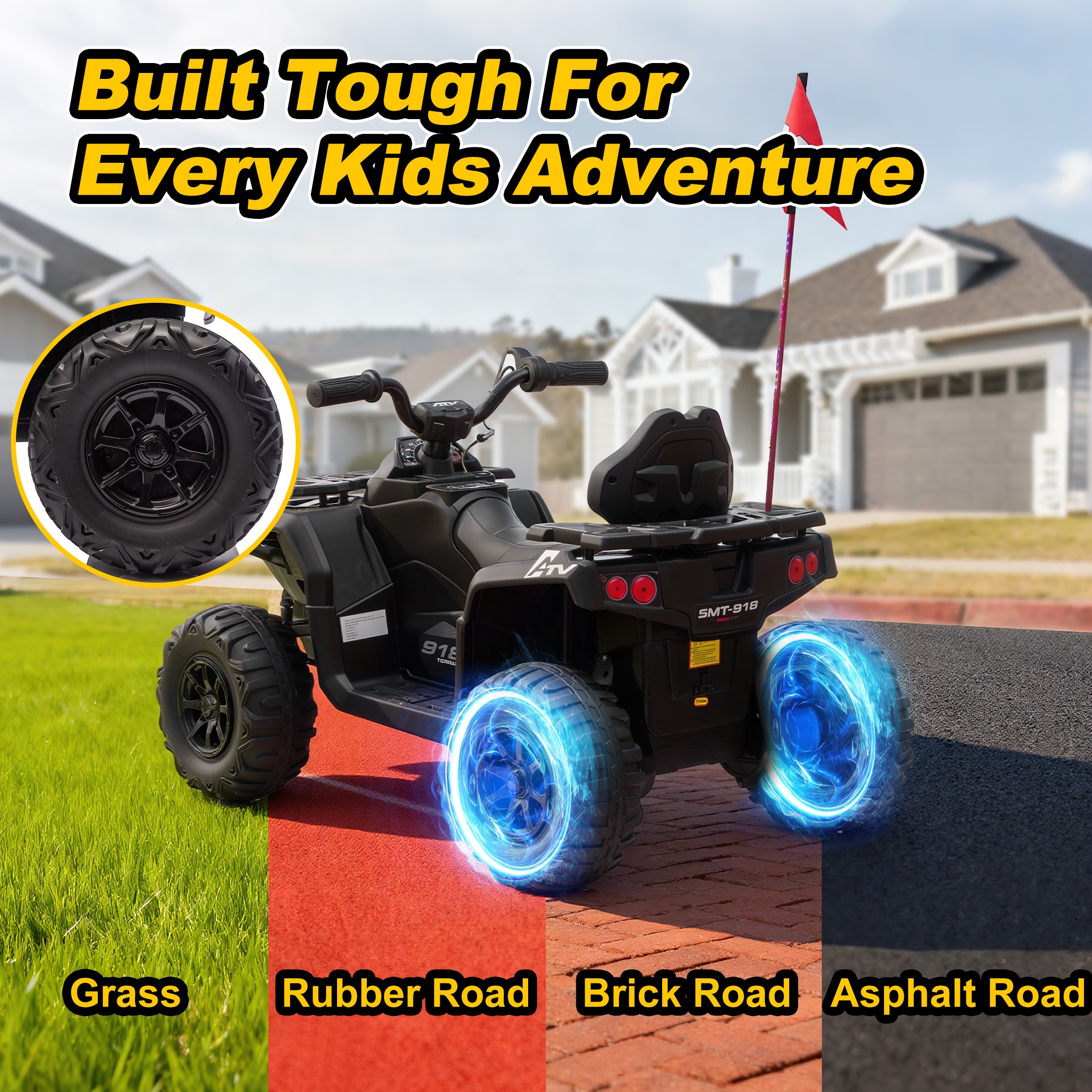 iRerts 24V Ride on ATV, Powered Ride on Toys Kids 4 Wheeler for Boys Girls Ages 3-6 Gifts, Kids Ride on Car Electric Vehicle with Bluetooth, Music, USB Port, Multi-Color Lights, Black