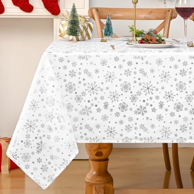 White Christmas Tablecloth Rectangle 60x84 Inch, Silver Snowflake Table Cloth Rectangle Tables for Christmas Decor, Waterproof Table Decorations
