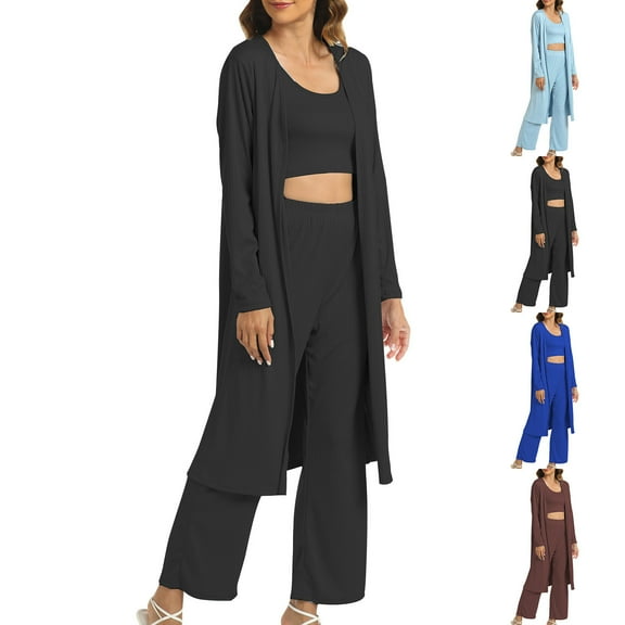 Womens Fashion New Loose Casual Solid Color Long Sleeved Pants Tank Three Piece Set Sleek Casual Wear