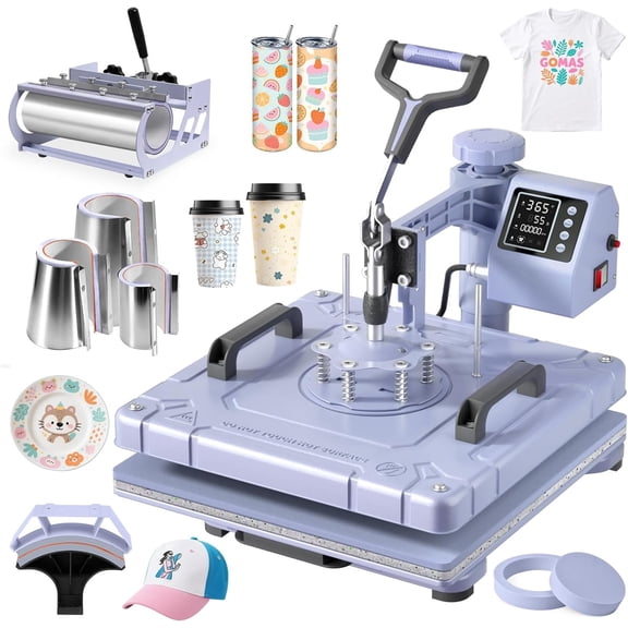 PNKKODW 15x15 inch 8 in 1 Heat Press Machine with 30OZ Tumbler press, 360-Degree Swing Away Digital Heat Transfer Sublimation for T Shirts Mugs Hat Plate Cap,Lavender
