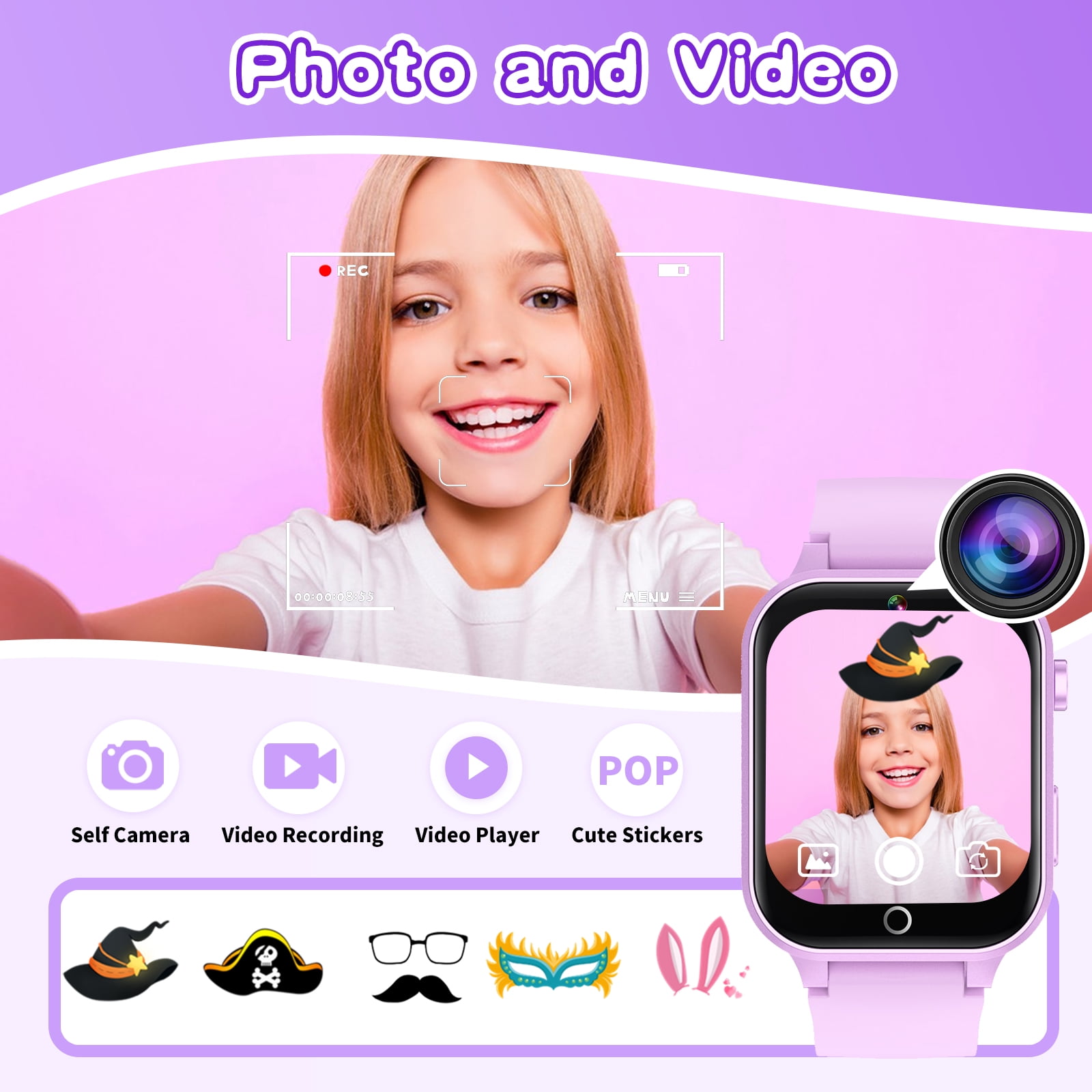 Vakzovy 1.54" Smart Watch for Girls Smart Watch for Kids with Camera Games Pedometer Video MP3 Flashlights Calculator Alarm Clock Children Touch Screen Purple