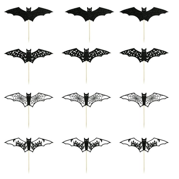 12 Pcs Halloween Bat Cupcake Toppers - Black Glitter Bat Cake Decorations for Halloween Parties, Birthdays & Baby Showers - Food-Safe Cupcake Picks