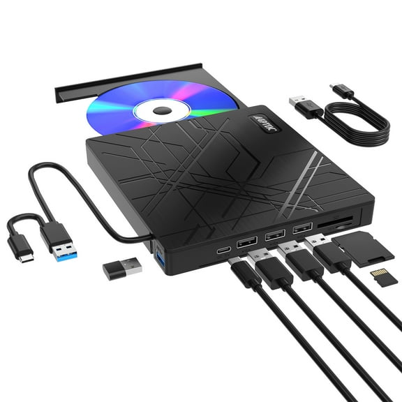 AGPtEK 8 in 1 External CD/DVD Drive for Laptop, USB 3.0 Ultra Slim Portable CD Burner with 4 USB Ports and 2 TF/SD Card Slots, External DVD Drive Compatible with Mac, PC, Windows 11/10/8/7, Linux