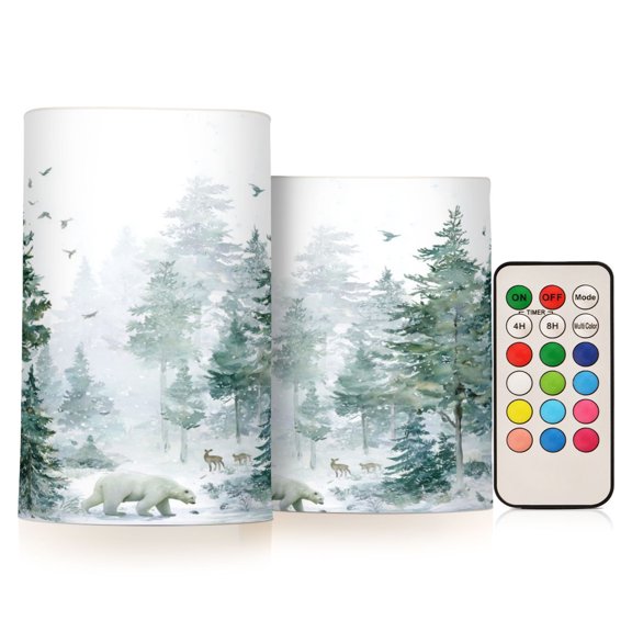 Set of 2 Flameless Candles Lights with Remote Control Flickering LED Candles Electric Candles for Home Decor Parties Green Snowy Forest Scene