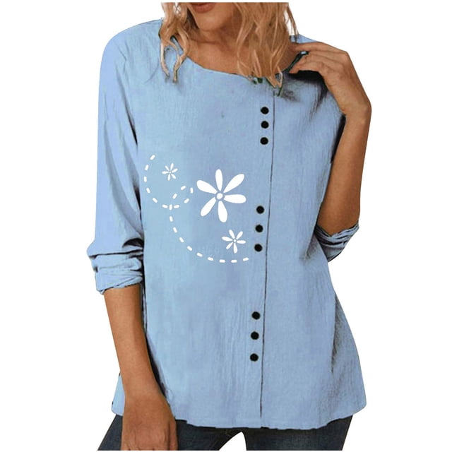 IROINID Rabais T-Shirts à Manches Longues pour Femmes Décontracté Col Rond Blouse Imprimée T-Shirt Hauts à Boutons, Bleu Ciel