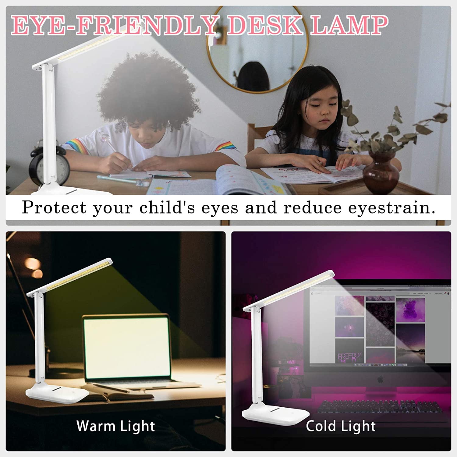 Wewdigi LED Desk Lamp with Adjustable Brightness Level for Eye Protection, Touch Controls, USB Charging, White