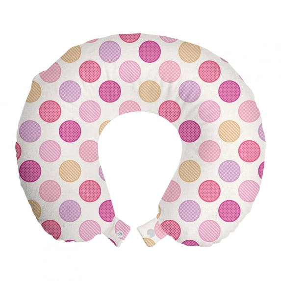 Colorful Travel Pillow Neck Rest, Circles with Checked Striped and Dots Pattern Soft Colors Geometric Illustration, Memory Foam Traveling Accessory Airplane and Car, 12", Multicolor, by Ambesonne