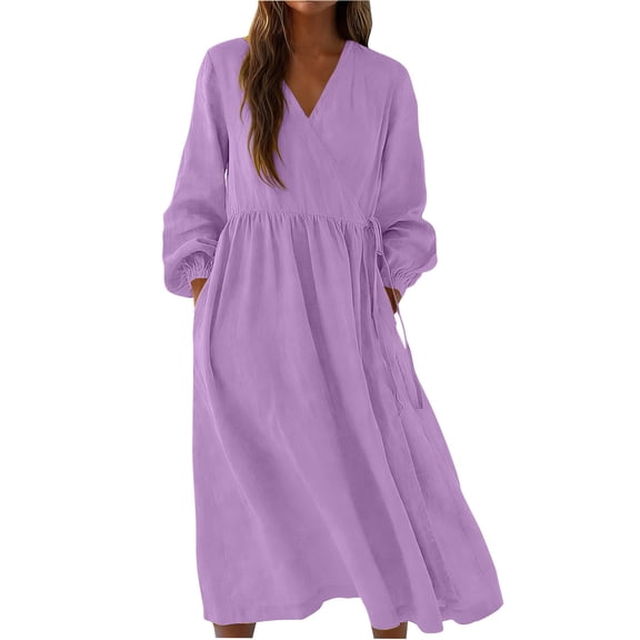 Eawtki Women's Wrap V Neck Maxi Dress with Long Sleeve Tie Waist Casual Flowy Dress with Pockets for Beach Vacation