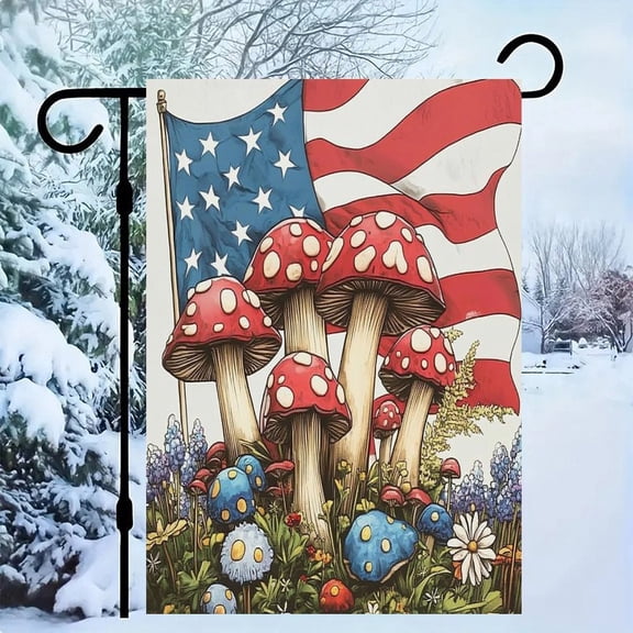 RKSupls Patriotic Linen Double Sided Garden Flag, Independence Day Themed Yard Decor, Mushrooms Flowers Flag Outdoor Banner for Holiday Lawn