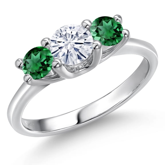 Gem Stone King 14K White Gold White Moissanite & Green Nano Emerald 3-Stone Engagement Ring | 1.10 Cttw | Round 5MM and 4MM | Three Stone Wedding Anniversary Promise Ring for Women (Size 9)