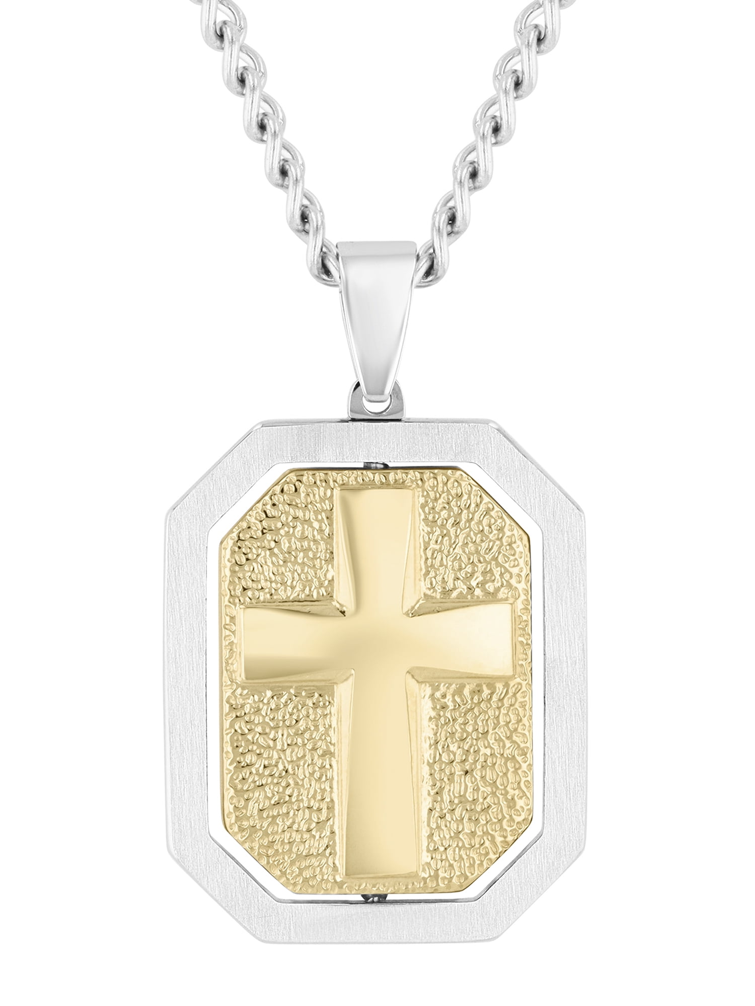 Men's Stainless Steel Two-Tone Rotating Crystal Pendant with Cross & Our Lady of Guadalupe - Believe by Brilliance