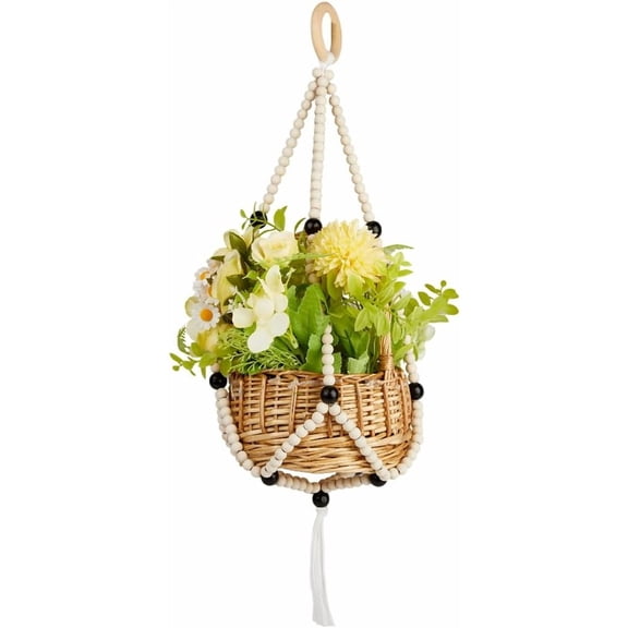 Macrame Plant Hanger Indoor 63cm Long Boho Hanging Planters with Wooden Beads Decorative Flower Pot Holder with Tassels Wall Decor