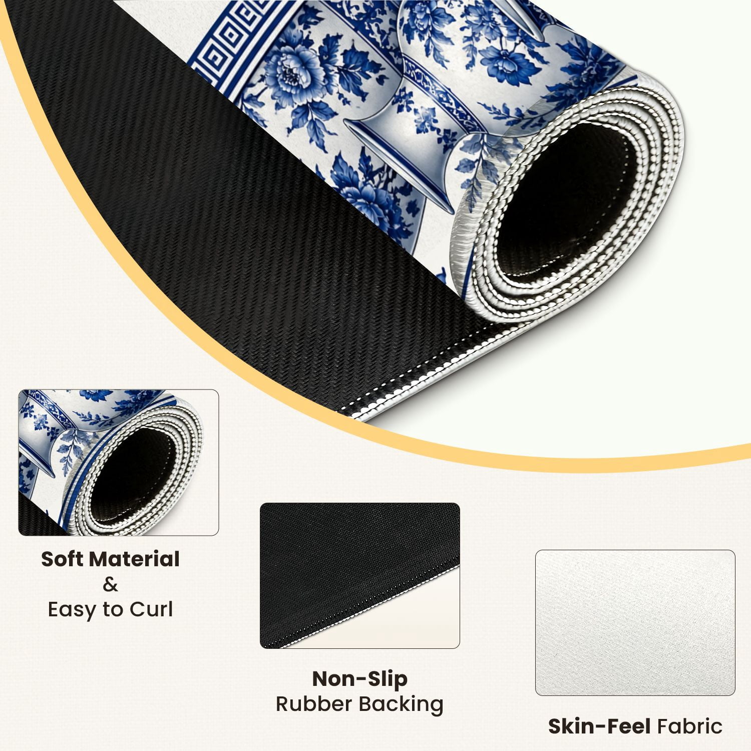 Mahjong Mat 31.5" x 31.5" Blue White Porcelain Vases Jars Floral Non-Slip Noise Reduction Mahjong Tiles Table Cover for Dominoes Poker Card Board and Tile Games