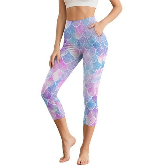 HELLHERO Fish Scale Printed Capri Leggings for Women Athletic Yoga Pants High Waisted Yoga Leggings with Pockets, S